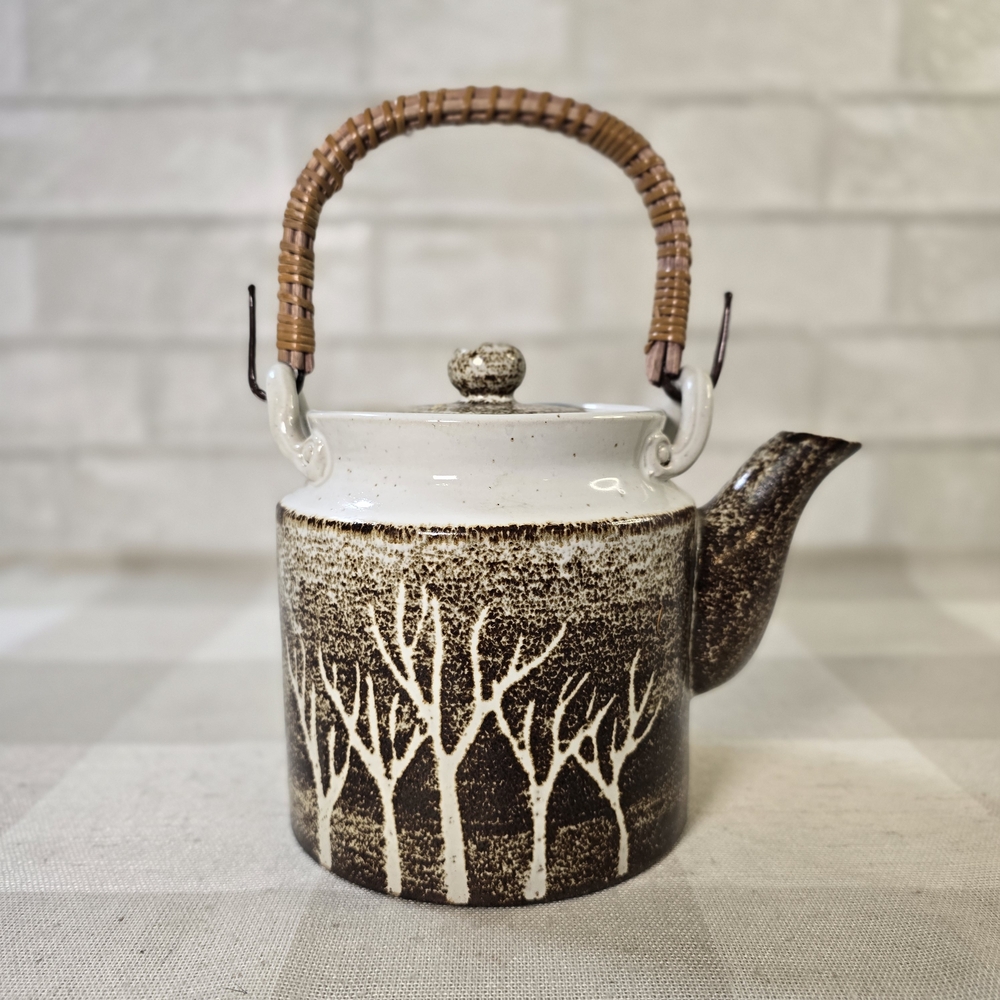 Vintage Otagiri Teapot Stoneware Rustic Woods Tree Design Brown & White Glaze